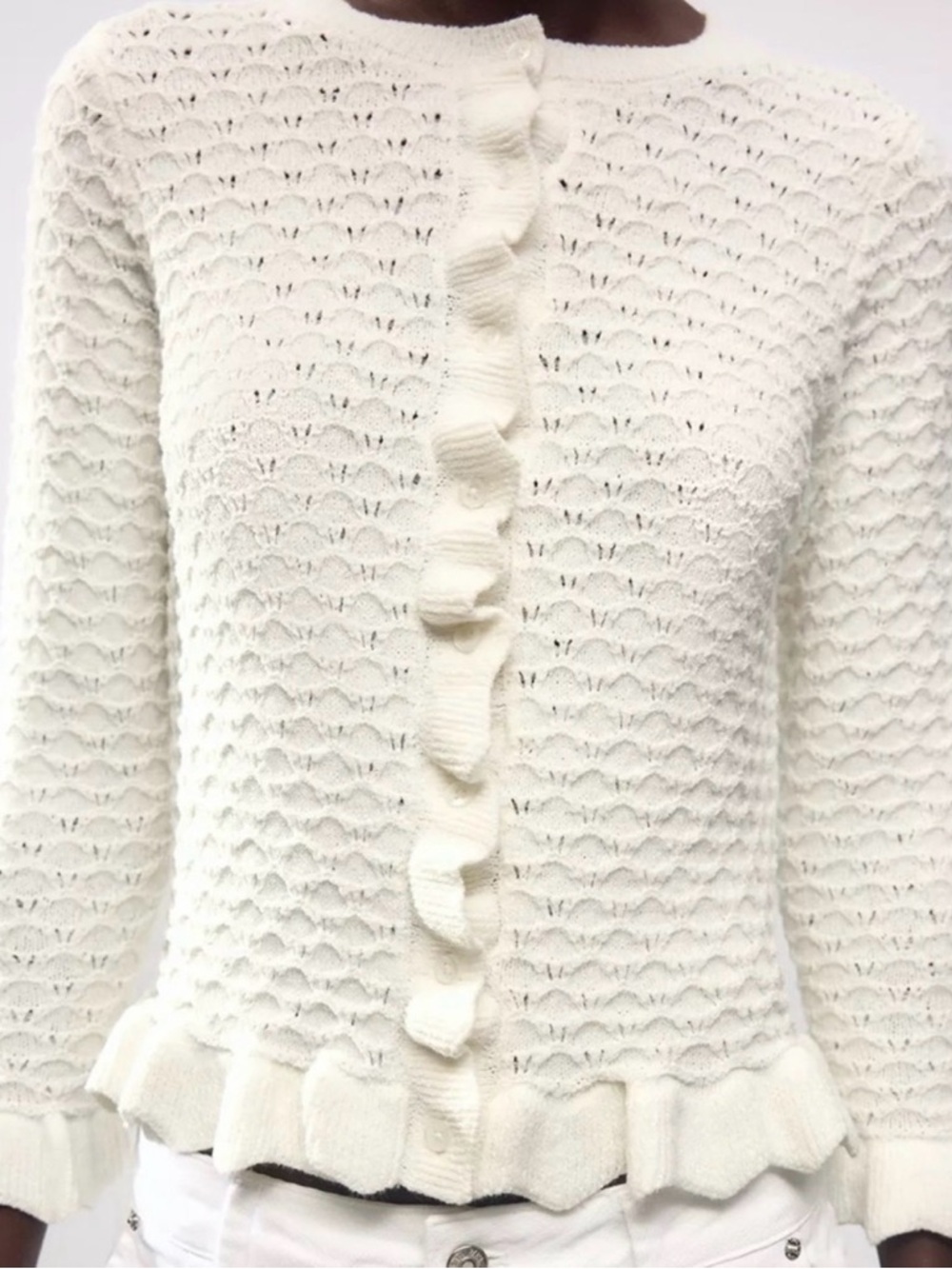 Zara Cream Ruffle-Front Knit Cardigan